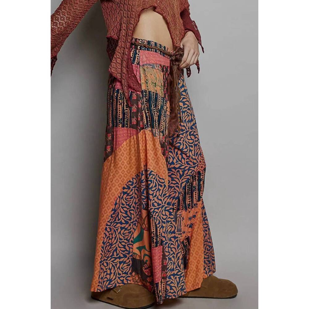 NEW POL vintage patchwork wide leg pants with pockets in orange - Picture 6 of 7